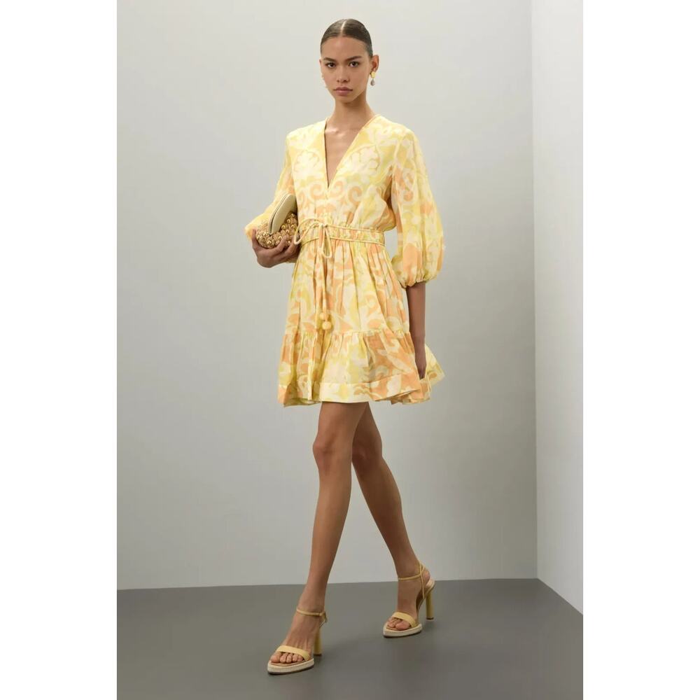 ALEXIS Capri Short Mini Dress Yellow Abstract Print 3/4 Sleeve, Size XS